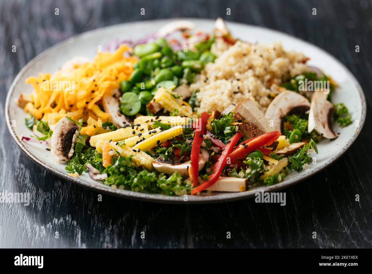 Home made Asian kale salad with quinoa, carrots, fava beans, bell pepper, baby corn, mushrooms and smoked tofu Stock Photo