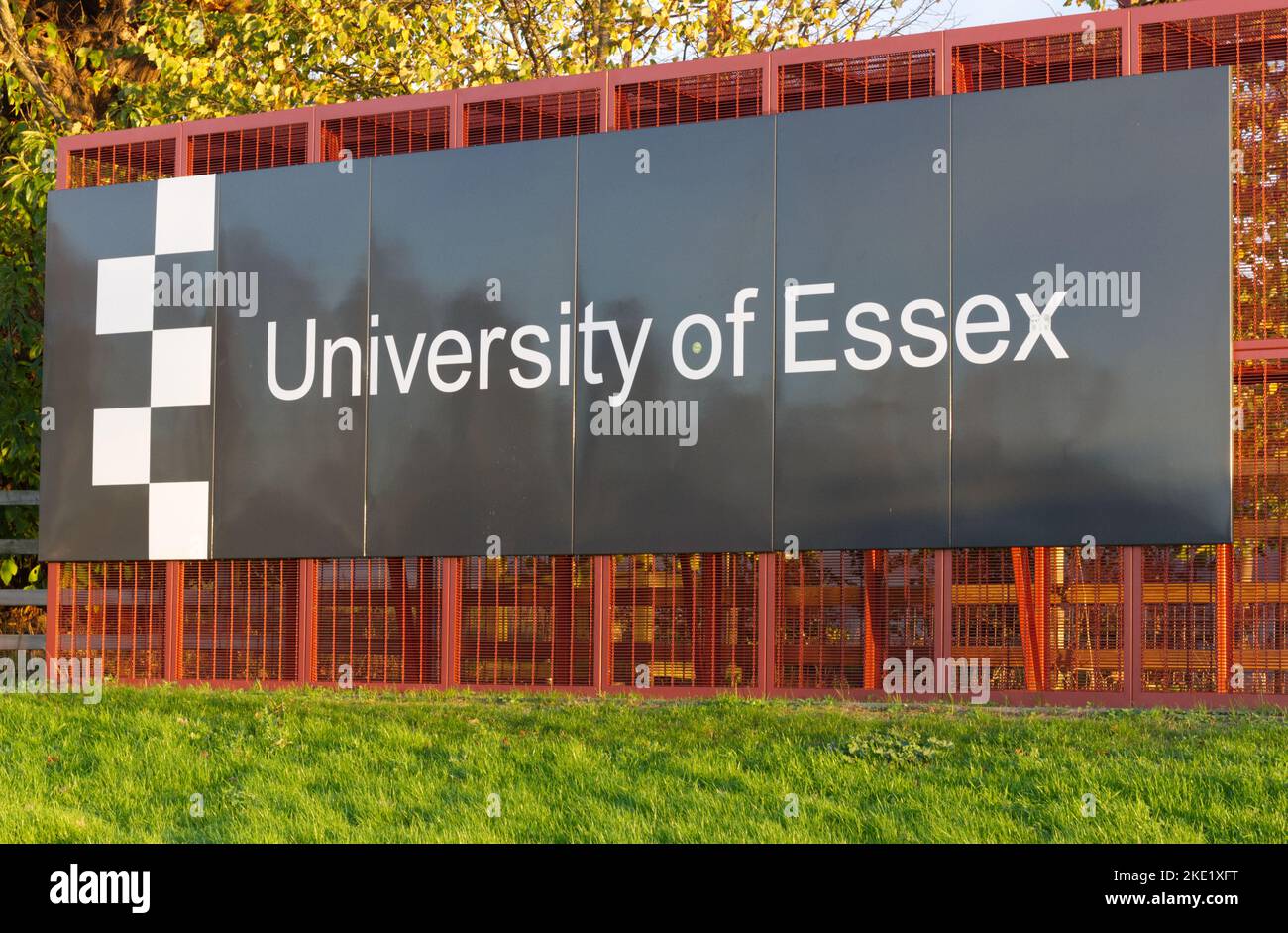 The entrance sign on Boundary Road that leads into the University of Essex in Colchester. Stock Photo