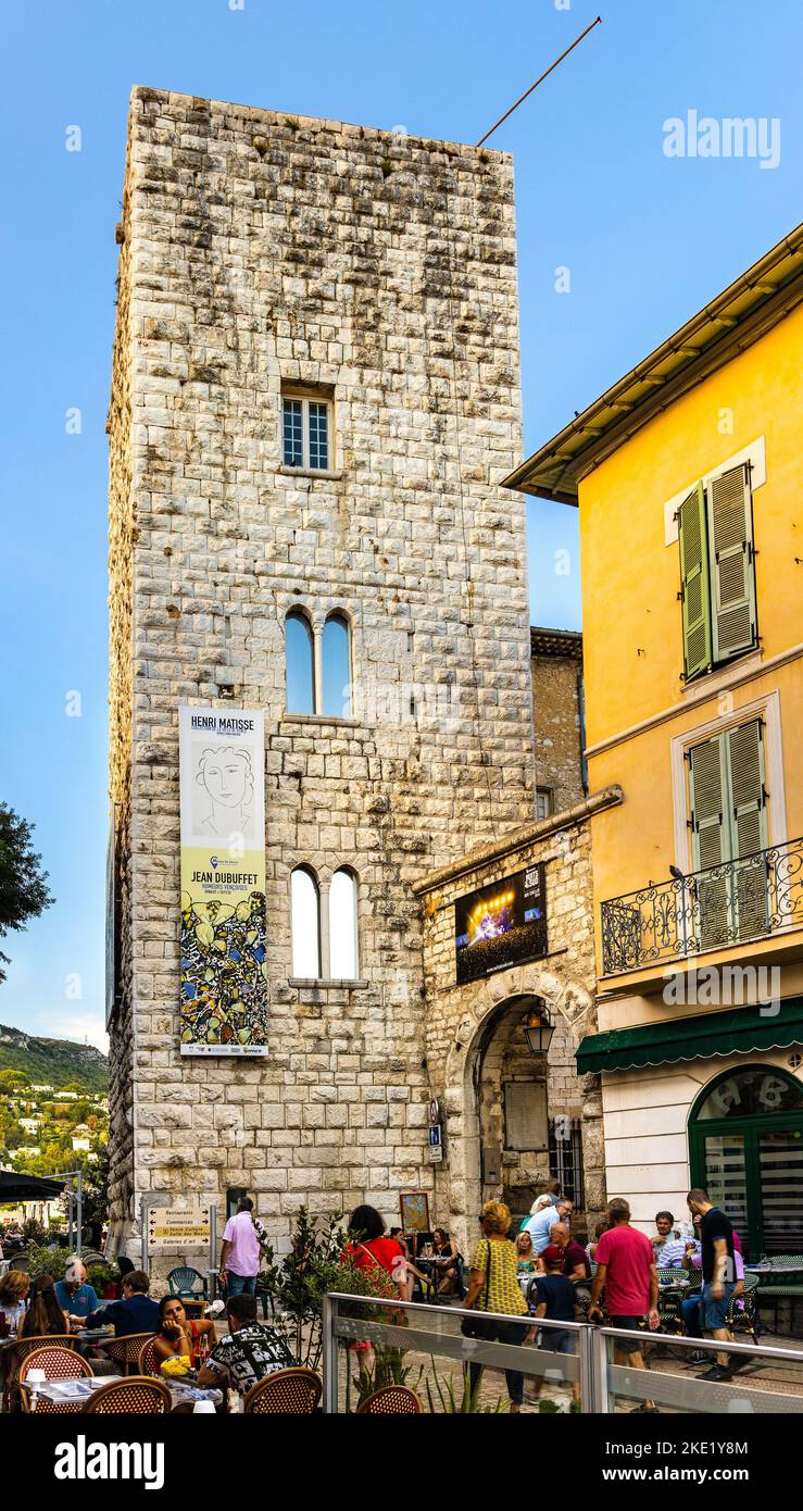 Vence, France - August 6, 2022: Municipal Musee de Vence museum of arts with medieval stone tower at Place du Frene square in historic old town Stock Photo