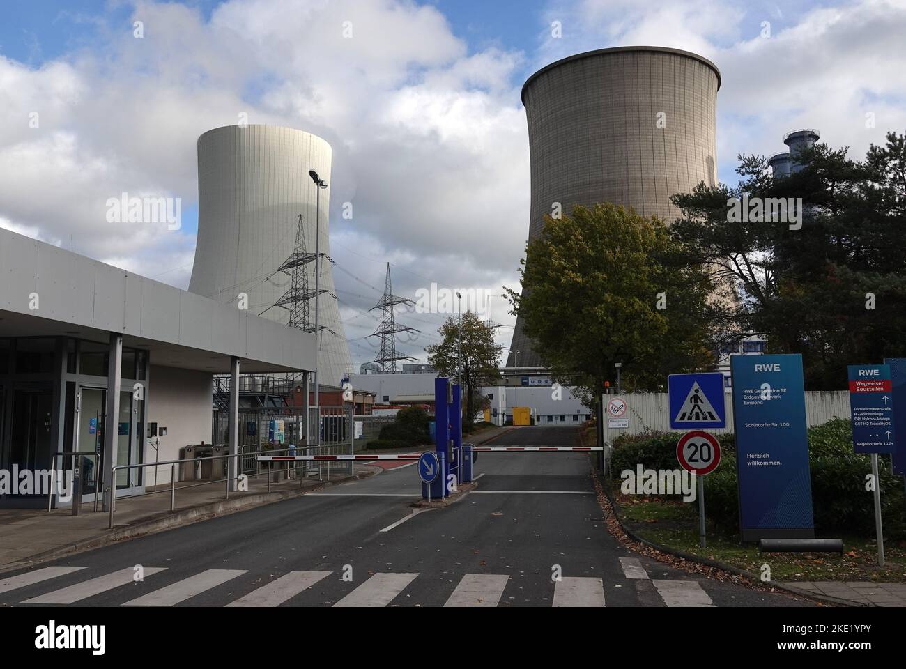Lingen, Germany - Nov 9 2020 - The Emsland nuclear power plant.  It's a pressurized water reactor. Operational since 1988 and still in use. Stock Photo