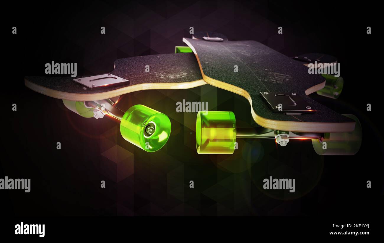 Longboard design on the dark abstract background. 3D render