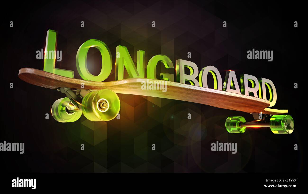 Longboard design on the dark abstract background. 3D render