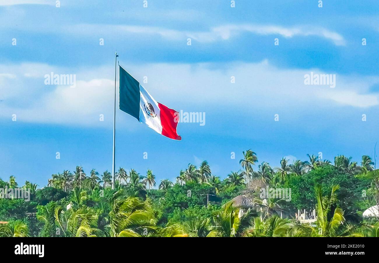 Mexican green white red flag with palm trees and blue sky and clouds in