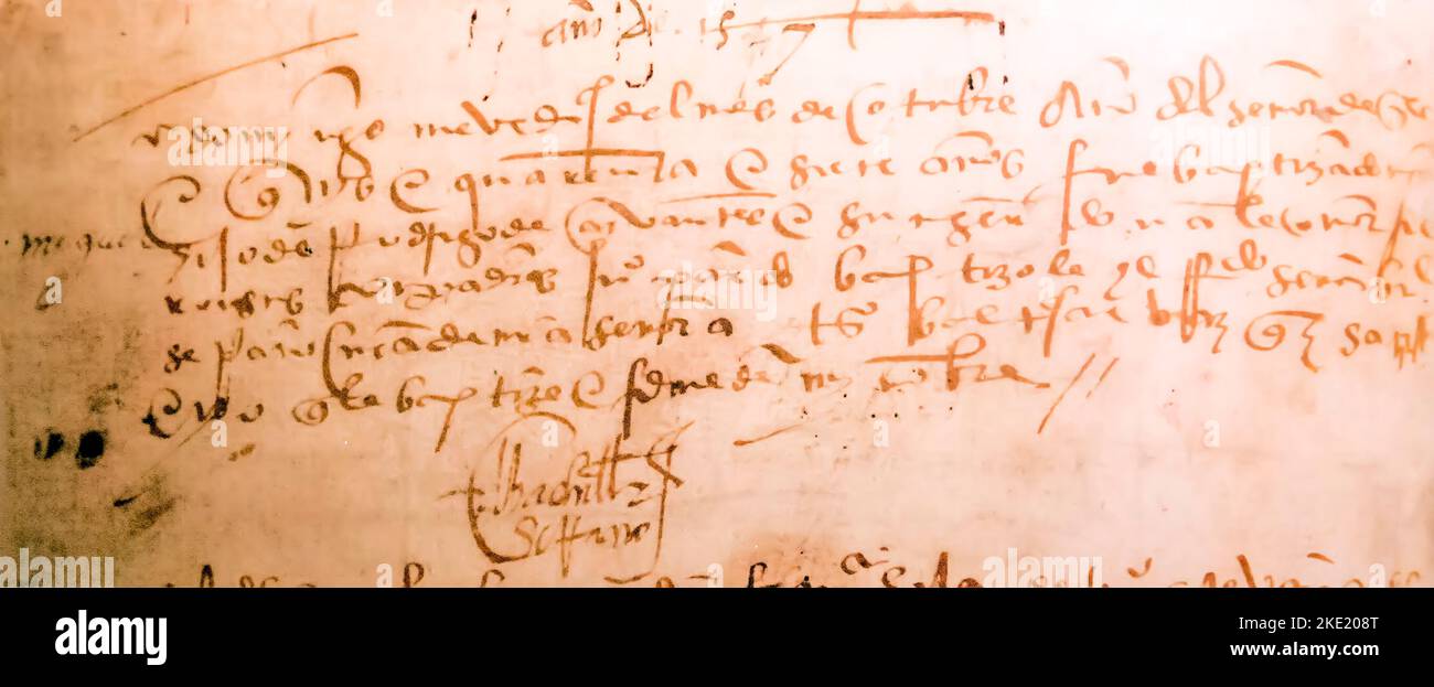 Baptismal certificate of Spanish writer Miguel de Cervantes dated 9th October 1547 in Alcala de Henares, Spain Stock Photo