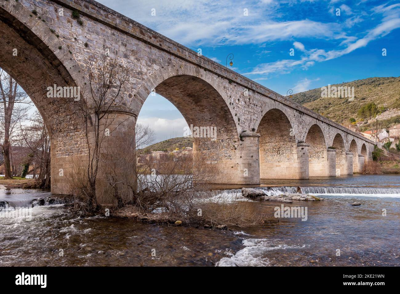 Roquebrun bridge in Haut Languedoc, Occitanie, France Stock Photo