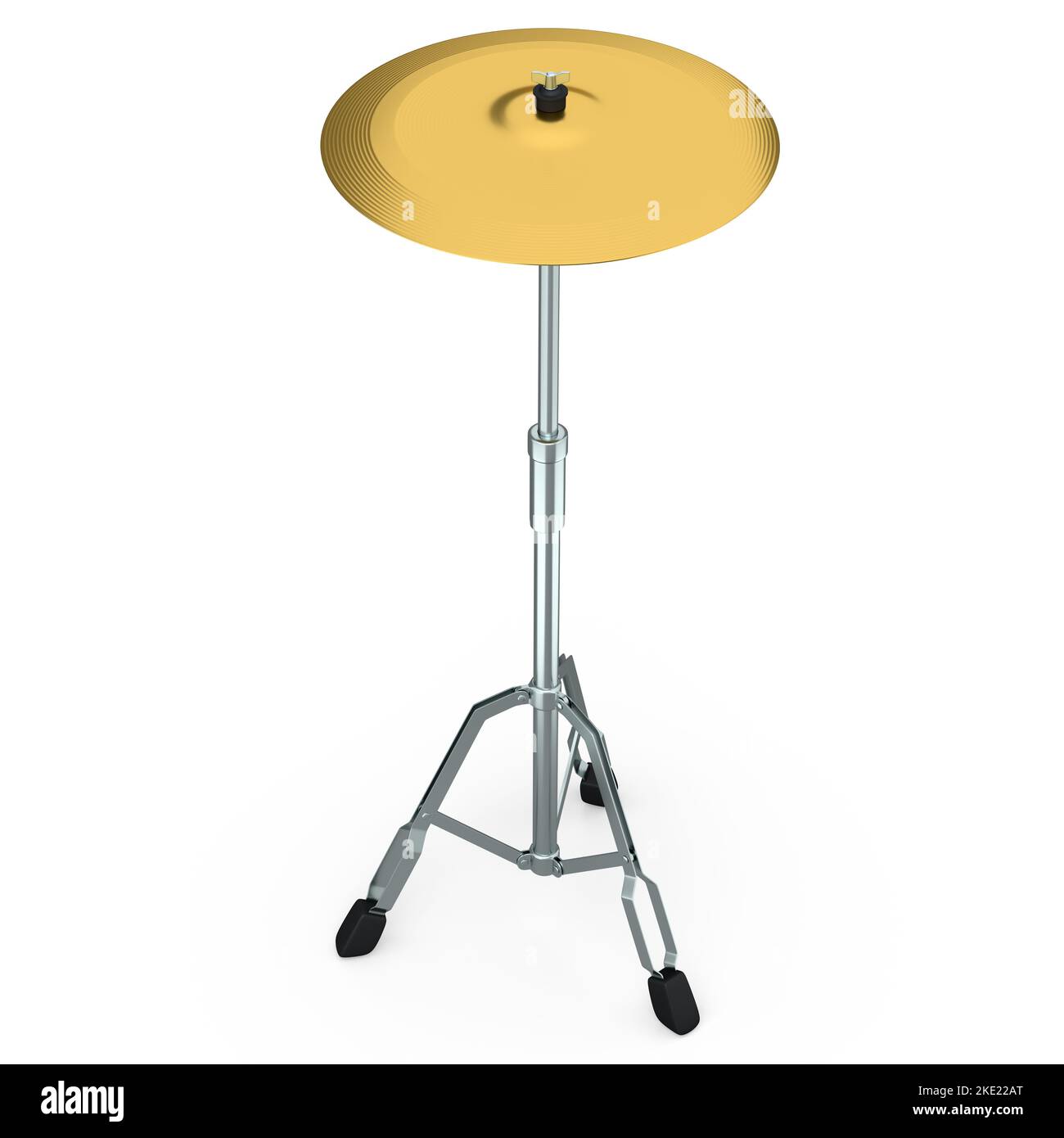 Metal cymbal on a stand on white background. 3d render concept of