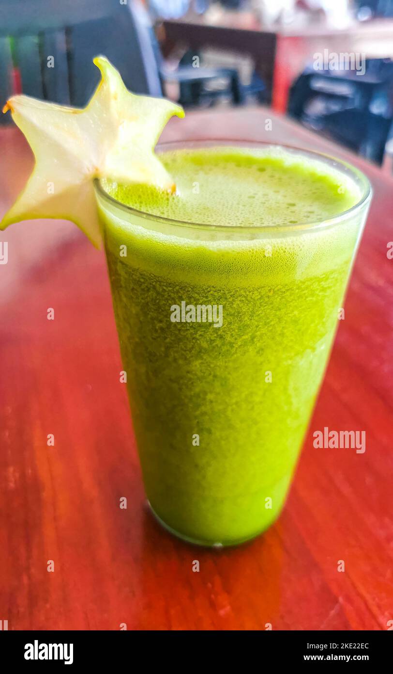 Green healthy juice smoothie in jar in El Cafecito in Zicatela Puerto