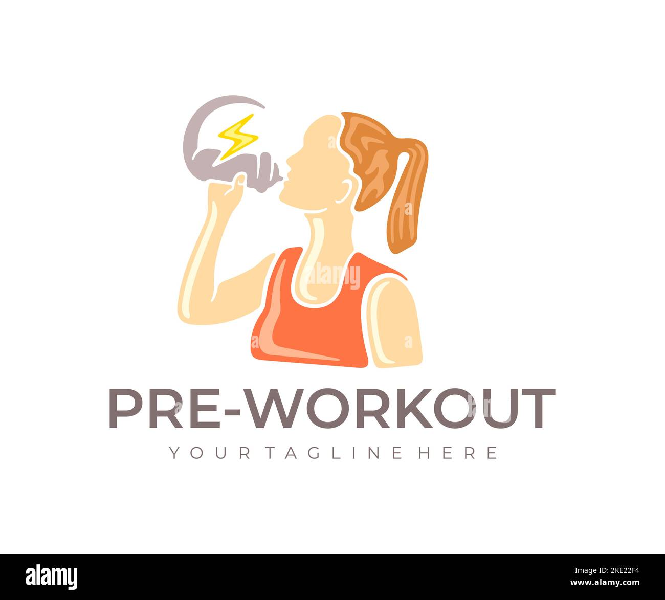 Woman drinking nutritional supplement or energy drink before workout, logo design. Food, healthy lifestyle, workout, sport and fitness, vector design Stock Vector