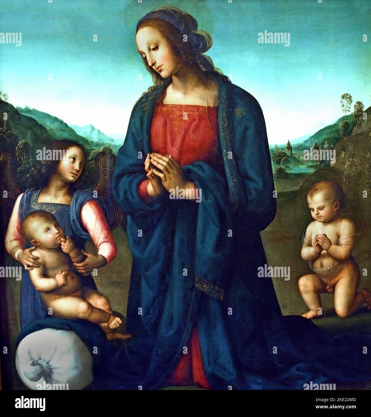 Madonna, Angel and Little St John Adoring the Child ( Madonna del sacco ) 1495 Pietro Perugino  Piti Place Florence,  Italy, Italian. Pietro Perugino1448–1523) Madonna and Child with the infant John the Baptist and an angel. Stock Photo