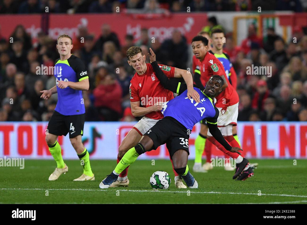 Ryan Yates of Nottingham Forest battles with Yves Bissouma of Tottenham Hotspur during the Carabao Cup Third Round match between Nottingham Forest and Tottenham Hotspur at the City Ground, Nottingham on Wednesday 9th November 2022. (Credit: Jon Hobley | MI News) Credit: MI News & Sport /Alamy Live News Stock Photo