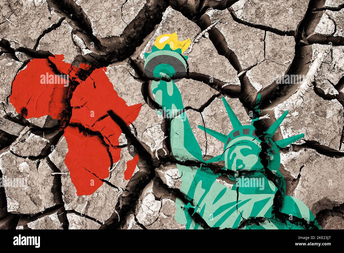 Map of Africa and statue of liberty on cracked earth. Global warming, climate crisis, drought, overseas aid, compensation, climate change...concept Stock Photo