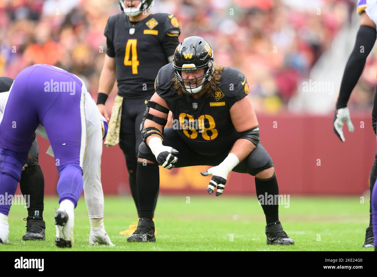 Washington Commanders guard Andrew Norwell (68) in action during the second  half of a NFL football game against the Jacksonville Jaguars, Sunday, Sept.  11, 2022, in Landover, Md. (AP Photo/Nick Wass Stock