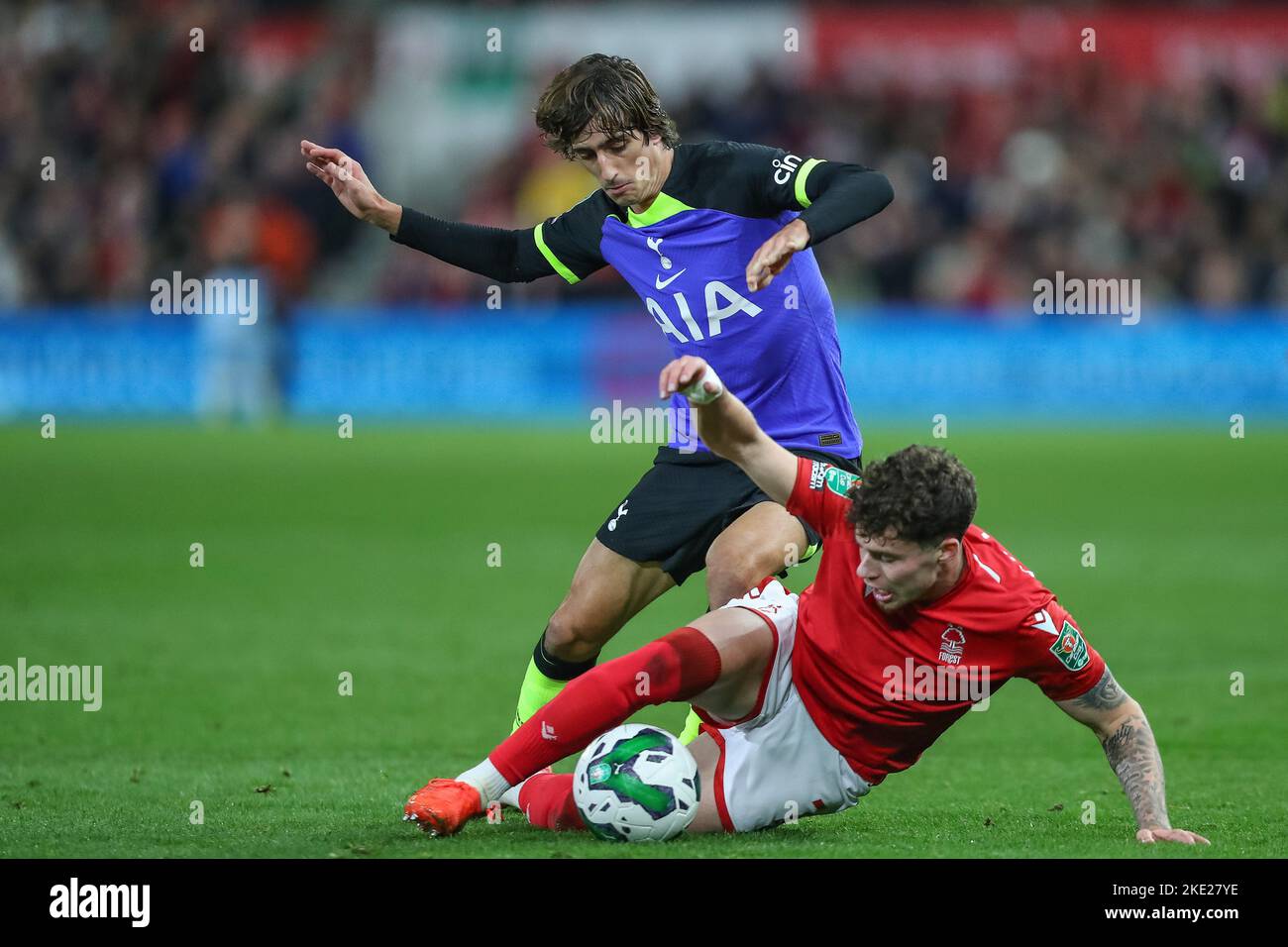 Bryan Gil #11 of Tottenham Hotspur and Neco Williams #7 of Nottingham Forest battle for the ball during the Carabao Cup Third Round match Nottingham Forest vs Tottenham Hotspur at City Ground, Nottingham, United Kingdom, 9th November 2022  (Photo by Gareth Evans/News Images) Stock Photo