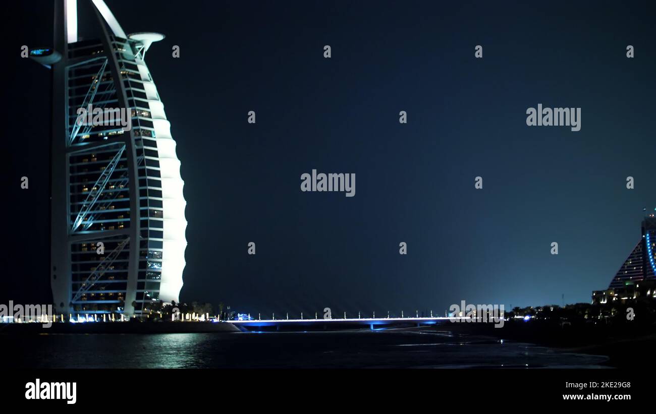 DUBAI, UNITED ARAB EMIRATES, UAE - NOVEMBER 20, 2017: Hotel Jumeirah Madinat Burj al Arab., The view of the hotel at night, all in the lights, glows,. High quality photo Stock Photo
