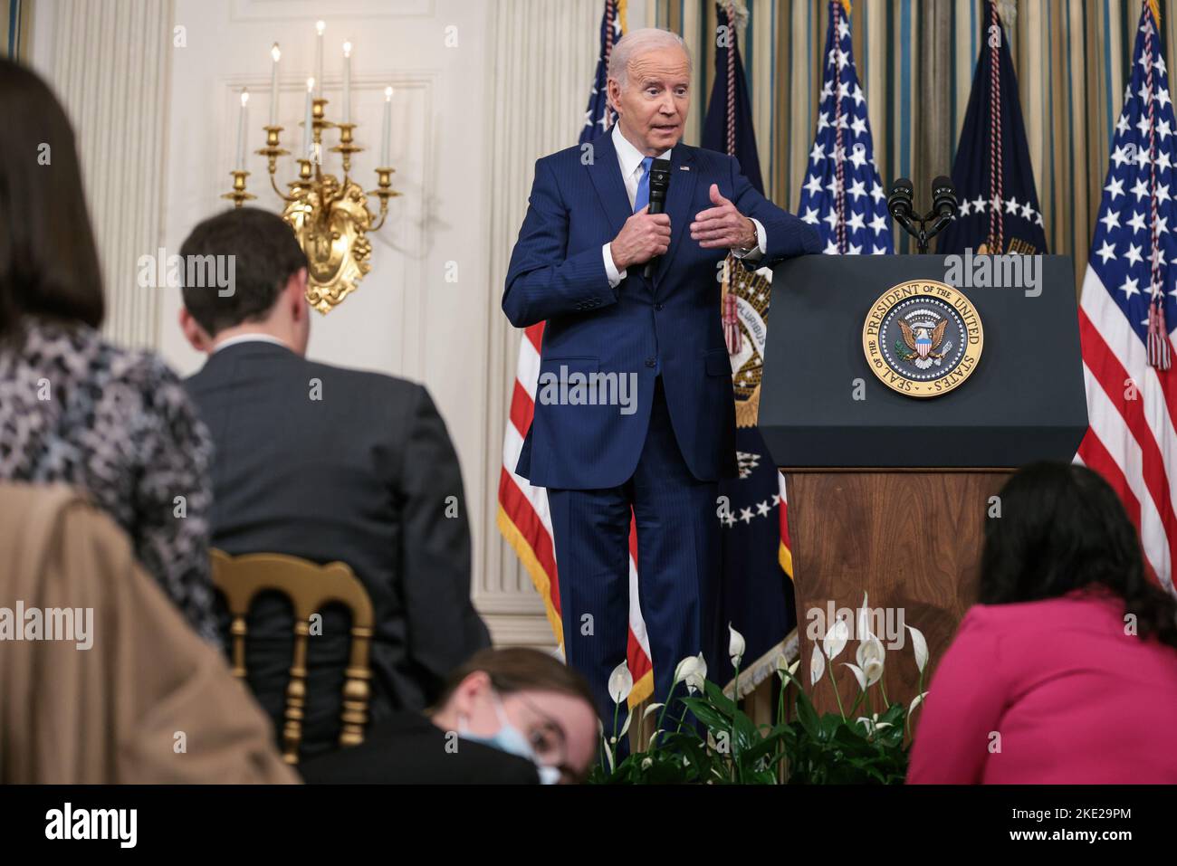 Washington, United States. 09th Nov, 2022. President Joe Biden delivers remarks as he takes questions in the State Dining Room of the White House in Washington, DC, on Wednesday, November 9, 2022. Biden made remarks on the midterm elections. Photo by Oliver Contreras/UPI Credit: UPI/Alamy Live News Stock Photo