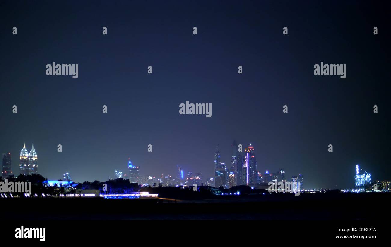 DUBAI, UNITED ARAB EMIRATES, UAE - NOVEMBER 20, 2017: at night, you can see the lights of Hotel Jumeirah Al Naseem and Hotel Jumeirah Al Qasr Madinat ,. High quality photo Stock Photo