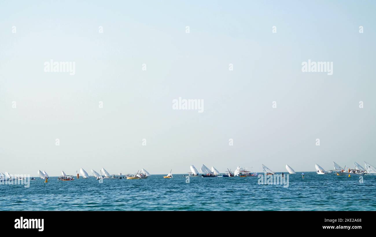 DUBAI, UNITED ARAB EMIRATES, UAE - NOVEMBER 20, 2017: Hotel Jumeirah Al Qasr Madinat beach, in the distance you can see the sailing regatta. High quality photo Stock Photo