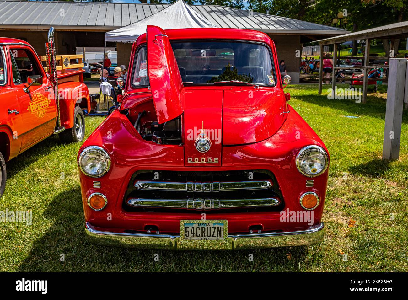 Des Moines, IA - July 02, 2022: High perspective front view of a 1954 Dodge C1 B6 Pickup Truck at a local car show. Stock Photo