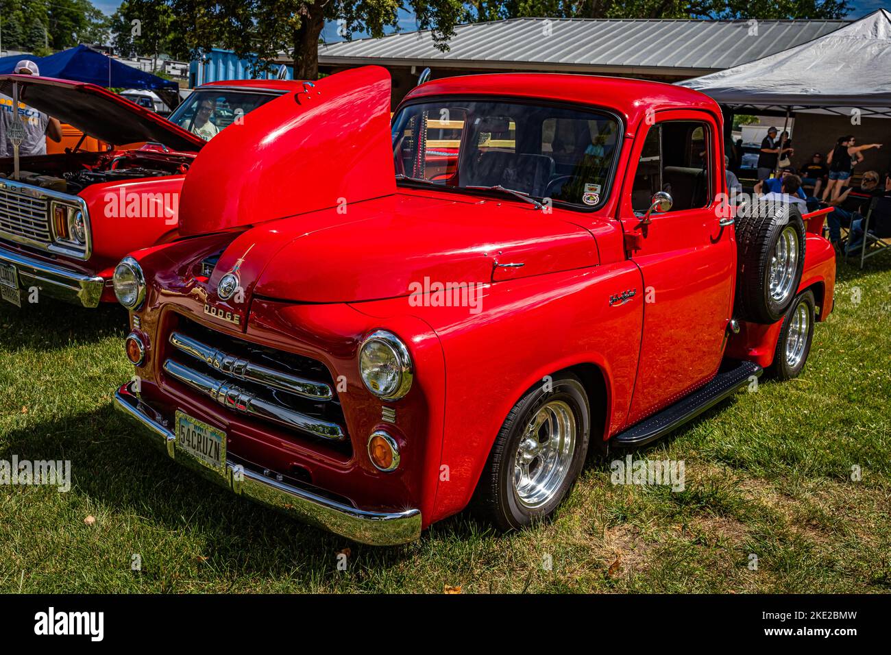 Des Moines, IA - July 02, 2022: High perspective front corner view of a 1954 Dodge C1 B6 Pickup Truck at a local car show. Stock Photo