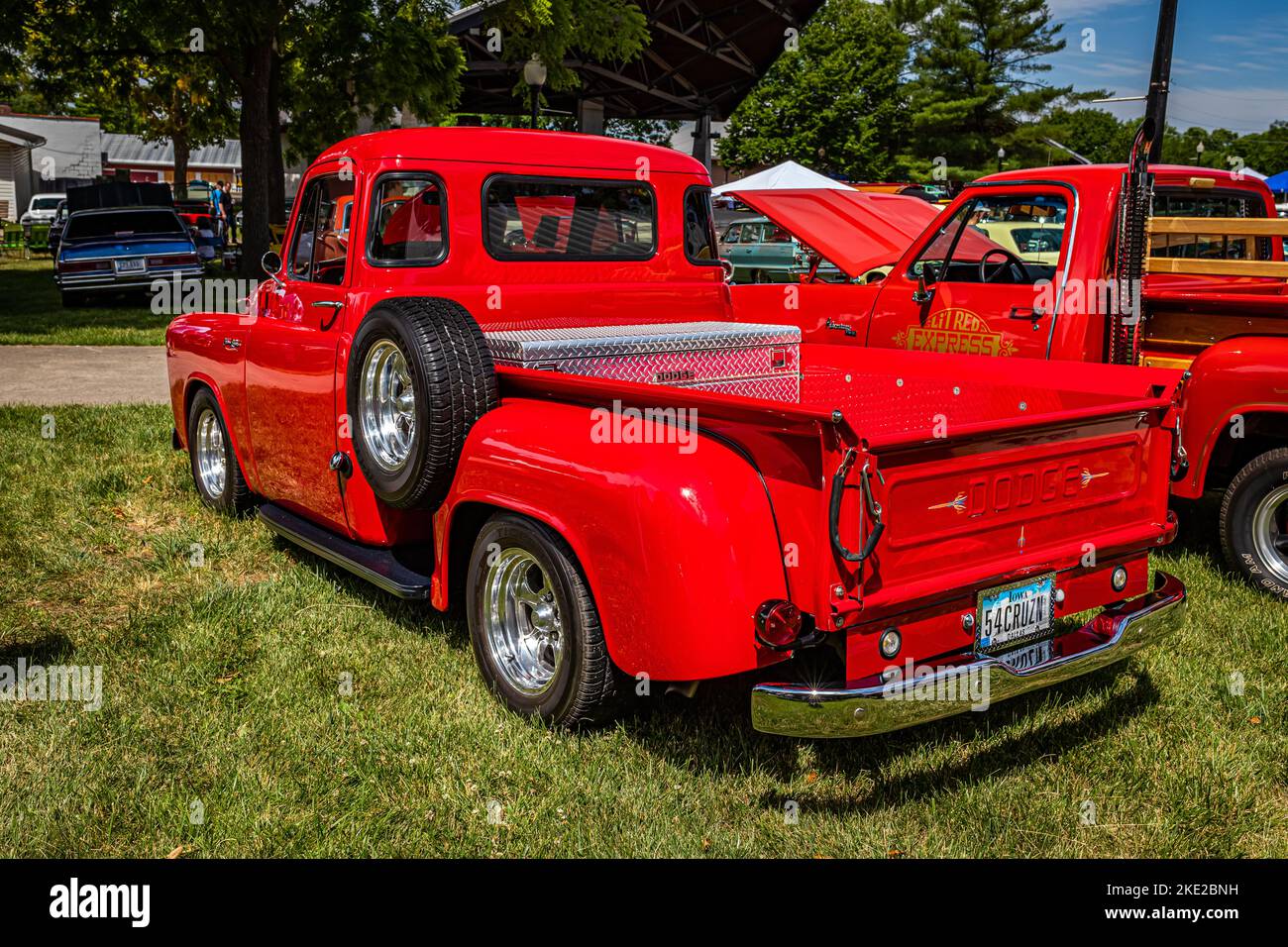 Des Moines, IA - July 02, 2022: High perspective rear corner view of a 1954 Dodge C1 B6 Pickup Truck at a local car show. Stock Photo