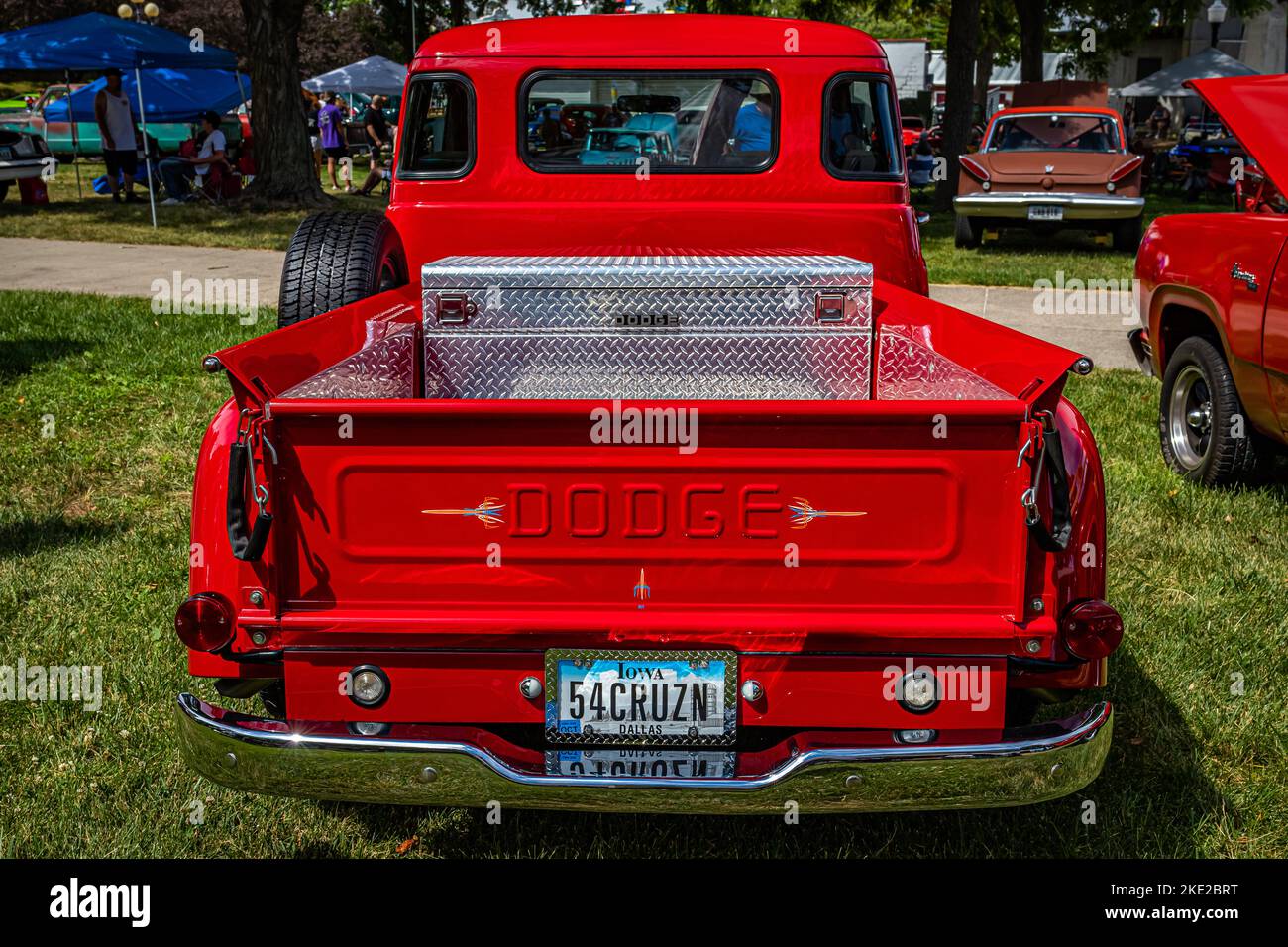 Des Moines, IA - July 02, 2022: High perspective rear view of a 1954 Dodge C1 B6 Pickup Truck at a local car show. Stock Photo