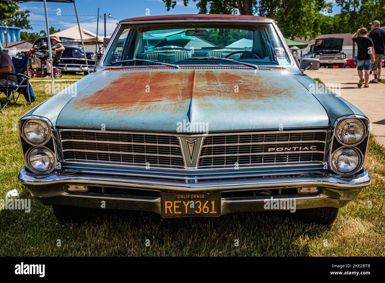 Des Moines, IA - July 02, 2022: High perspective front view of a 1965 Pontiac Tempest 2 Door Hardtop at a local car show. Stock Photo