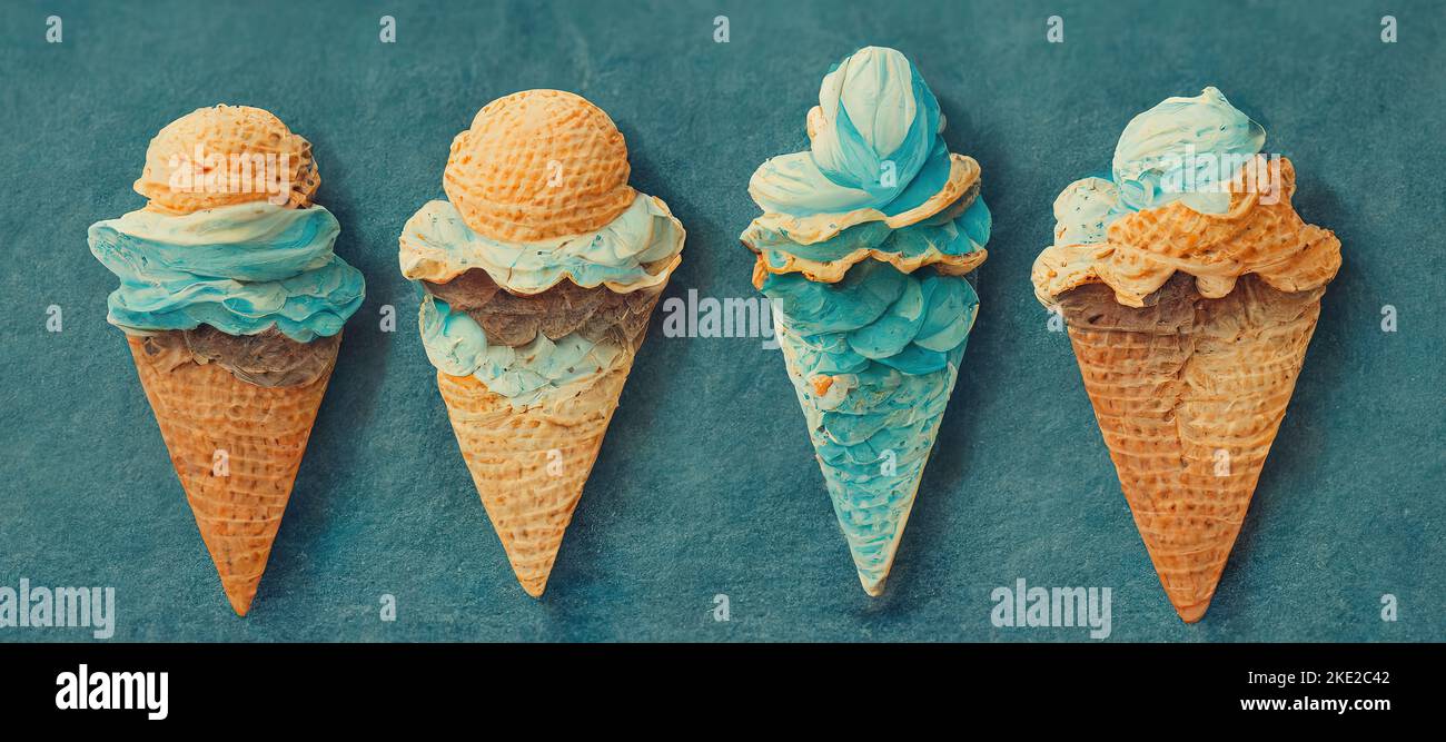 illustration of four ice cream cones in a row on blue background