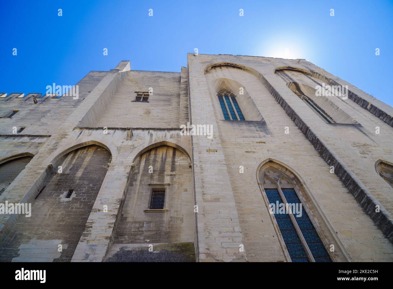 view on former popes palace (palace des papes), one of the most important medieval gothic buildings in Europe. Stock Photo