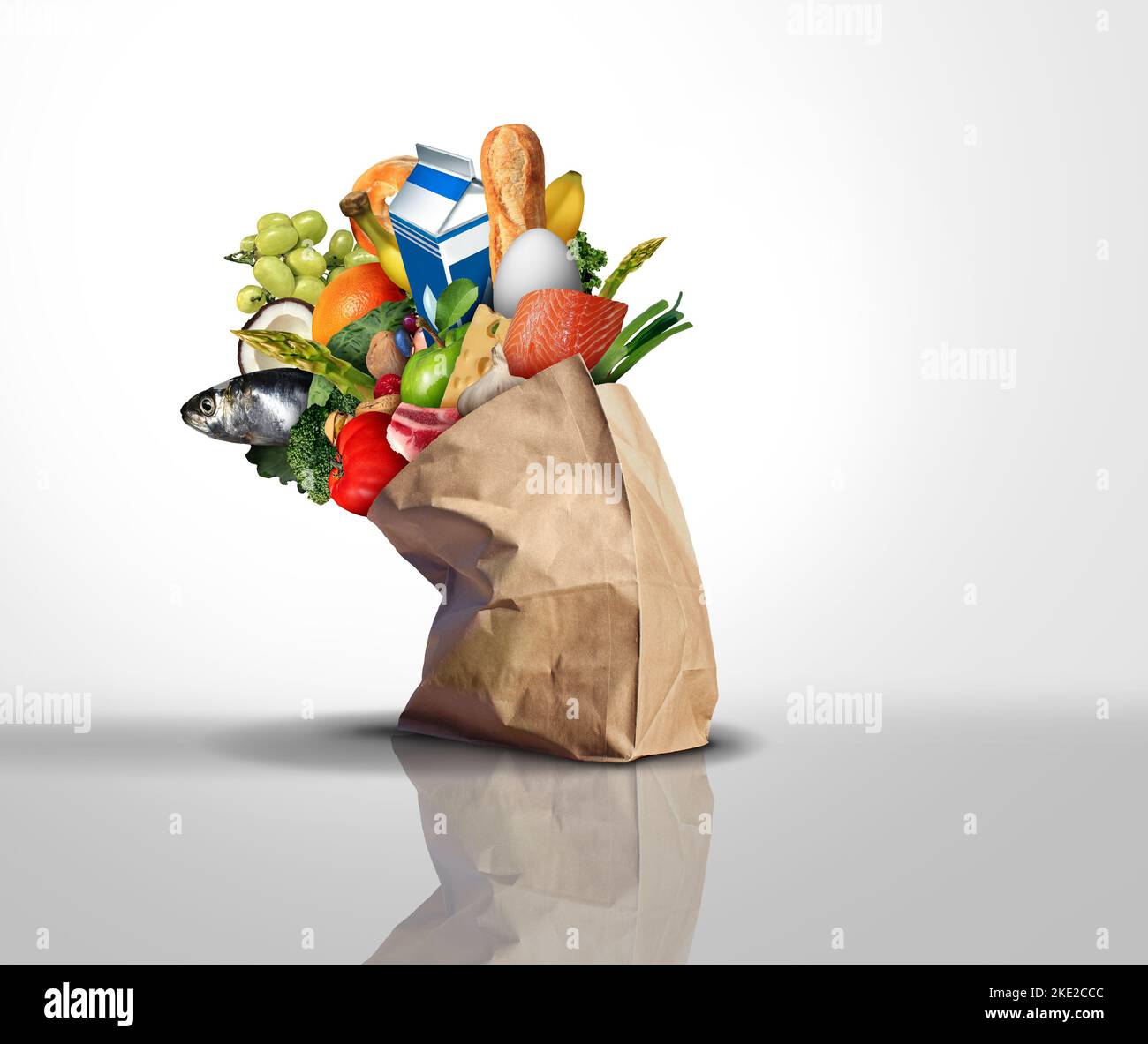 Grocery Bag Full Of Groceries representing consumer prices and food cost or super market price and home budget and family budgeting concept as store Stock Photo