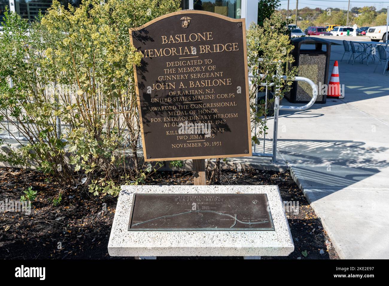 Woodbridge, NJ - Oct. 22, 2022: Plaque and sign about the Basilone Memorial Bridge on the New Jersey Turnpike is at the Thomas Edison Service Area. Stock Photo