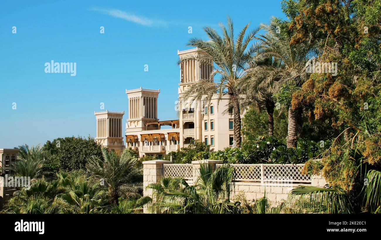 DUBAI, UNITED ARAB EMIRATES, UAE - NOVEMBER 20, 2017: Hotel Jumeirah Al Qasr Madinat , day beautiful landscape of the hotel complex,. High quality photo Stock Photo