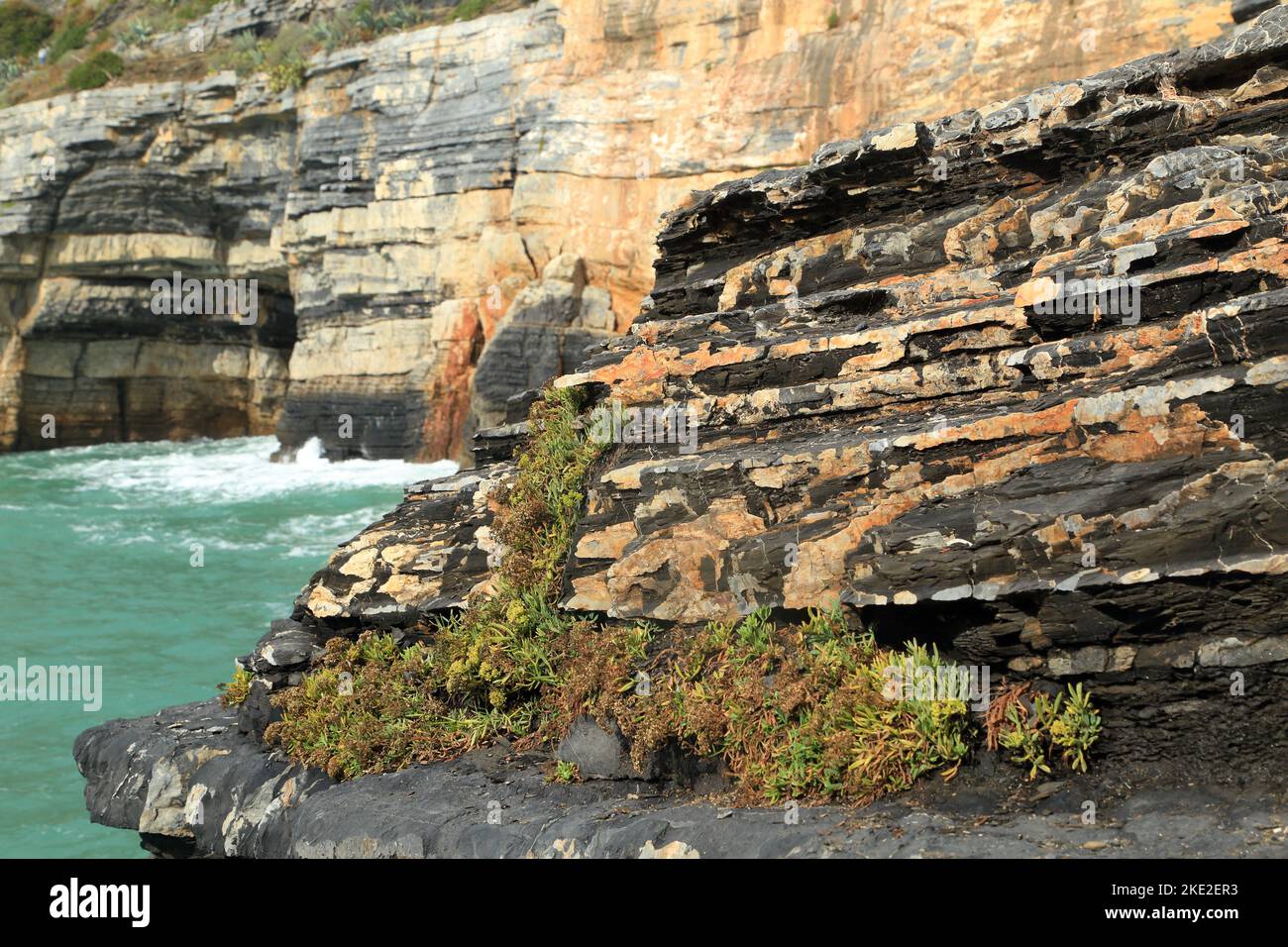 Grotta di Lord Byron (Byron's Grotto), rocky cove Porto Venere (Portovenere), Italy. Portoro Marble (Marmo di Portovenere), geological rock formation Stock Photo