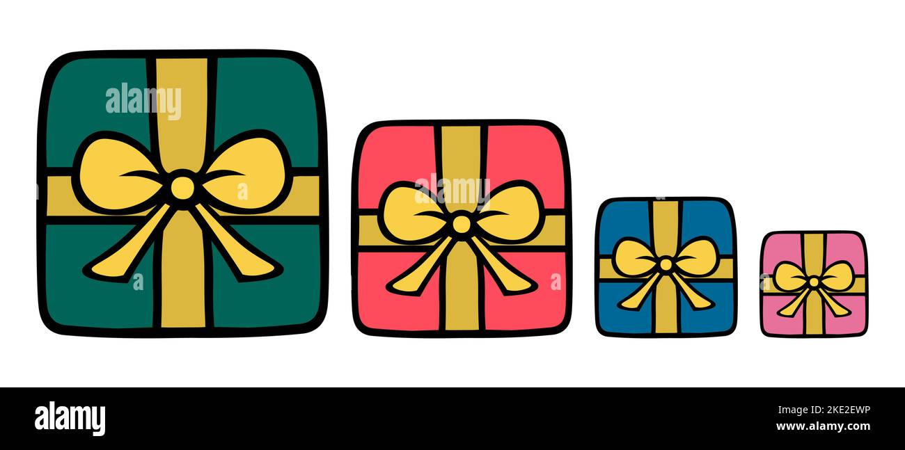 Present. Surprise box. Set of vector illustrations. Isolated white background. Cartoon style. Collection of colorful gift. Festive mood. Stock Vector