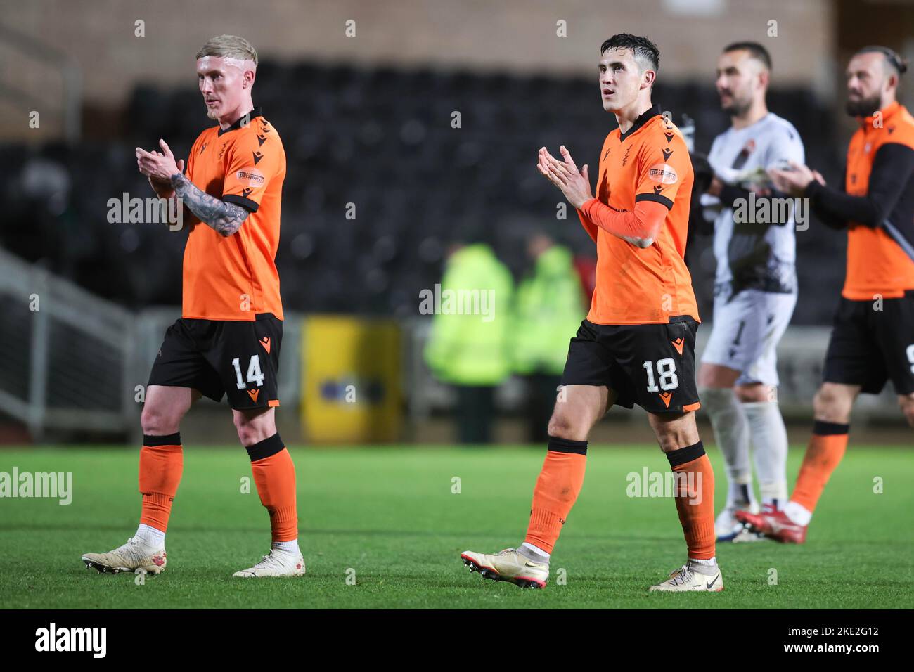 9th November 2022; Tannadice Park, Dundee,  Scotland: Scottish Premier League football, Dundee United versus Kilmarnock; Craig Sibbald and Jamie McGrath of Dundee United applaud the fans at the end of the match Stock Photo