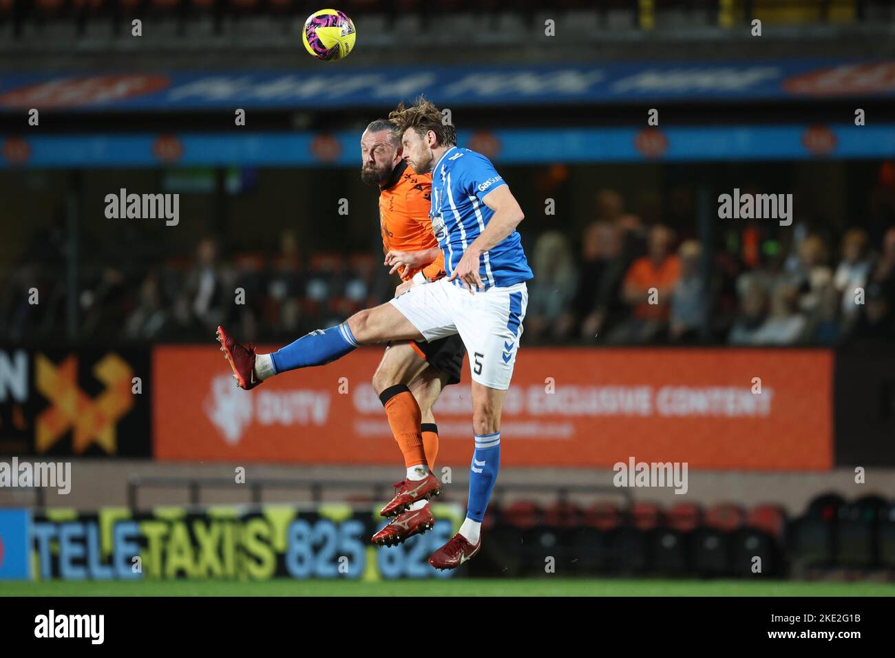 9th November 2022; Tannadice Park, Dundee,  Scotland: Scottish Premier League football, Dundee United versus Kilmarnock; Steven Fletcher of Dundee United competes in the air with Ash Taylor of Kilmarnock Stock Photo