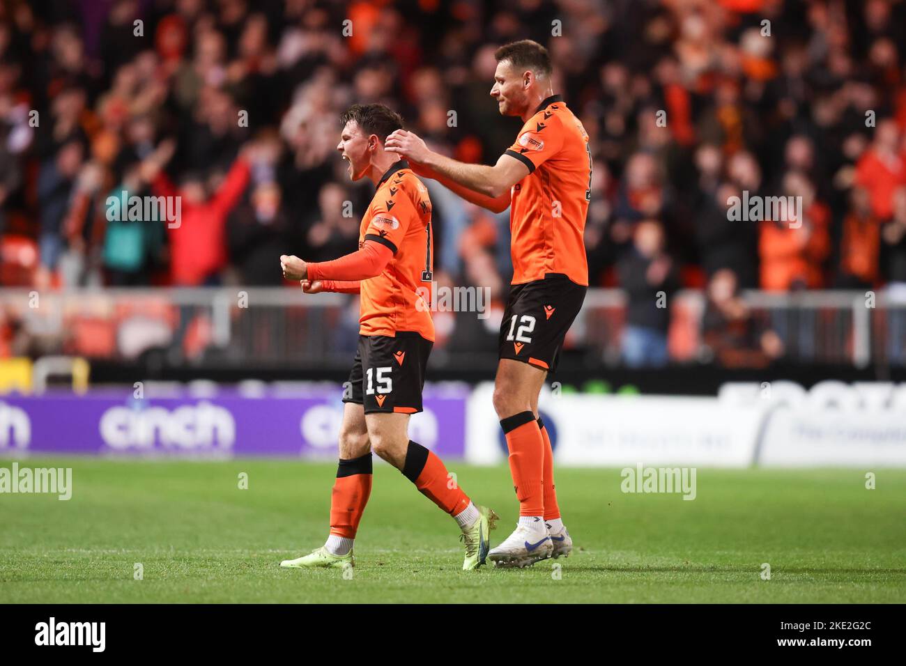 9th November 2022; Tannadice Park, Dundee,  Scotland: Scottish Premier League football, Dundee United versus Kilmarnock; Glenn Middleton of Dundee United is congratulated after scoring for 2-0 by Ryan Edwards Stock Photo