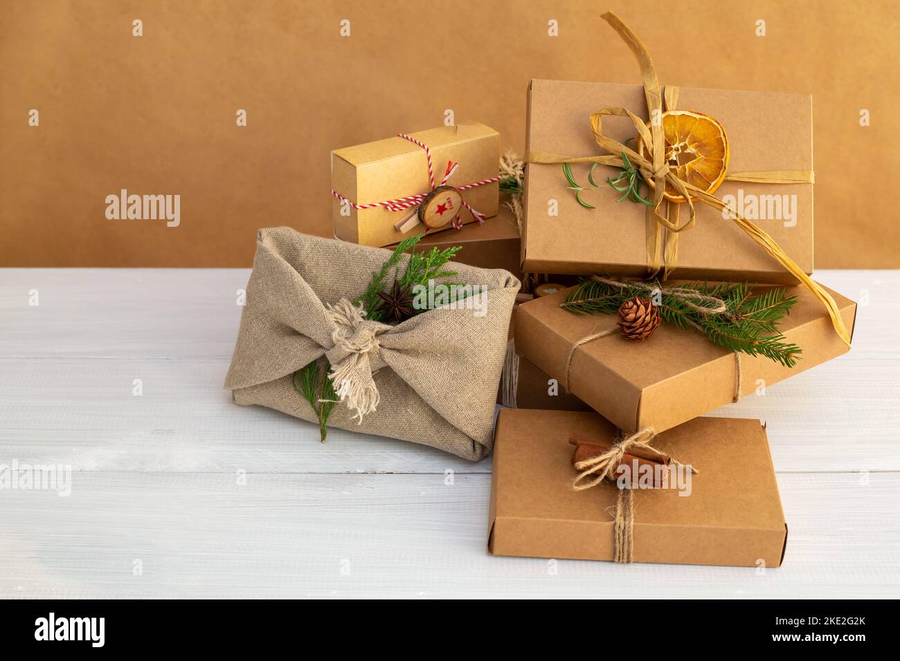 Christmas ecofriendly gift wrapping concept, zero waste