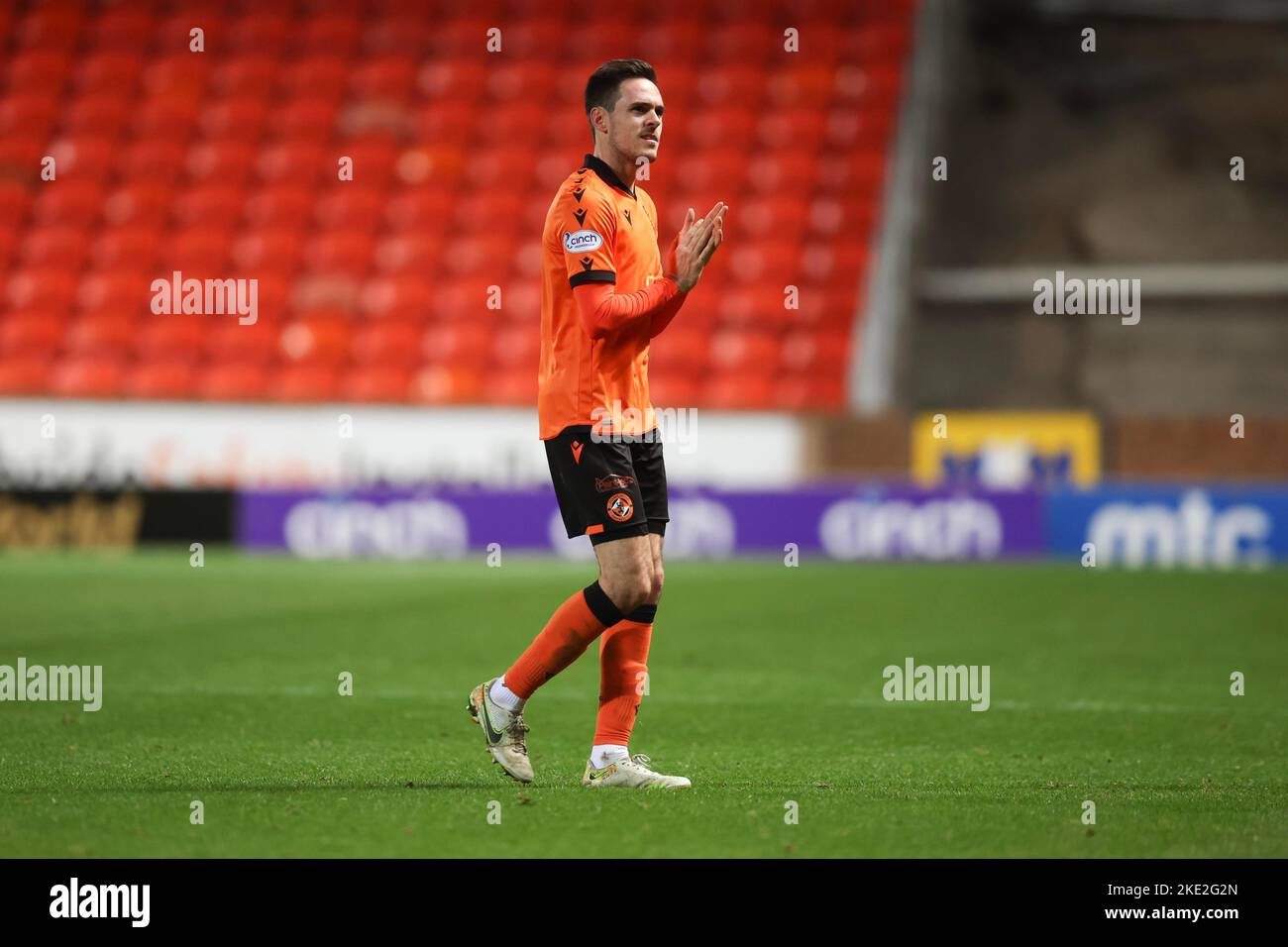 9th November 2022; Tannadice Park, Dundee, Scotland: Scottish Premier League football, Dundee United versus Kilmarnock; Liam Smith of Dundee United applauds the fans at the end of the match Stock Photo