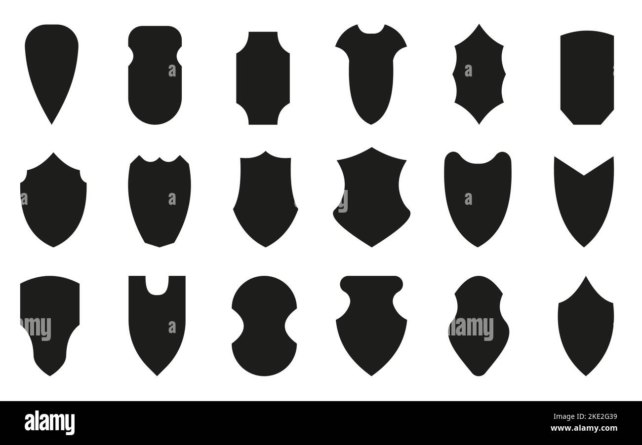 Shields black silhouette icon set. Different shapes guard security sign. Business safety symbol. Police badge contour template. Knight heraldic award medieval royal vintage emblem. Virus protection Stock Vector