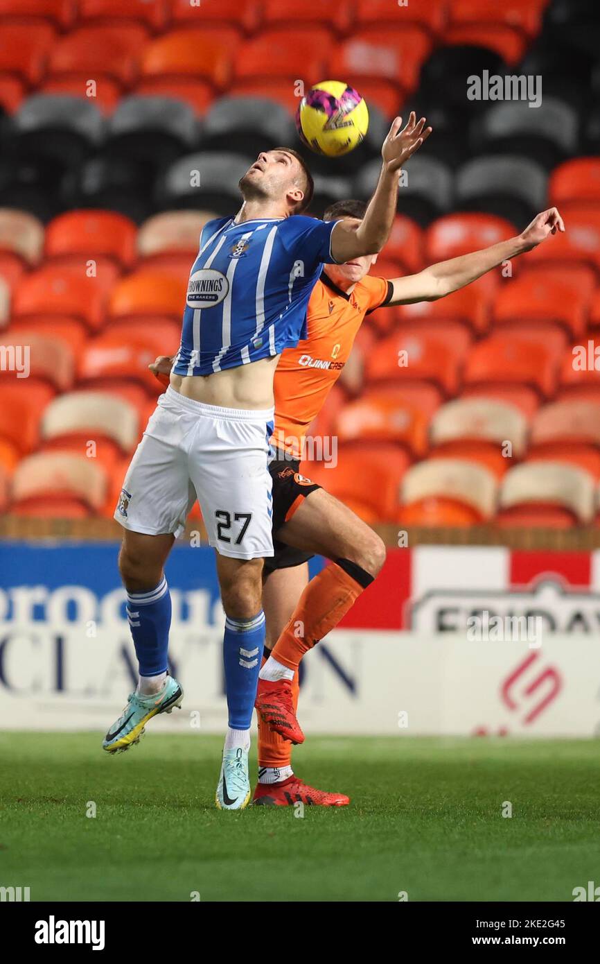 9th November 2022; Tannadice Park, Dundee, Scotland: Scottish Premier League football, Dundee United versus Kilmarnock; Innes Cameron of Kilmarnock competes in the air with Ross Graham of Dundee United Stock Photo