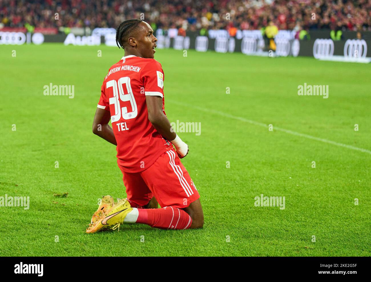 Mathys Tel, FCB 39  celebrates his goal, happy, laugh, celebration, 5-1 in the match FC BAYERN MÜNCHEN - SV WERDER BREMEN 6-1 1.German Football League on Nov 8, 2022 in Munich, Germany. Season 2022/2023, matchday 14, 1.Bundesliga, FCB, München, 14.Spieltag © Peter Schatz / Alamy Live News    - DFL REGULATIONS PROHIBIT ANY USE OF PHOTOGRAPHS as IMAGE SEQUENCES and/or QUASI-VIDEO - Stock Photo