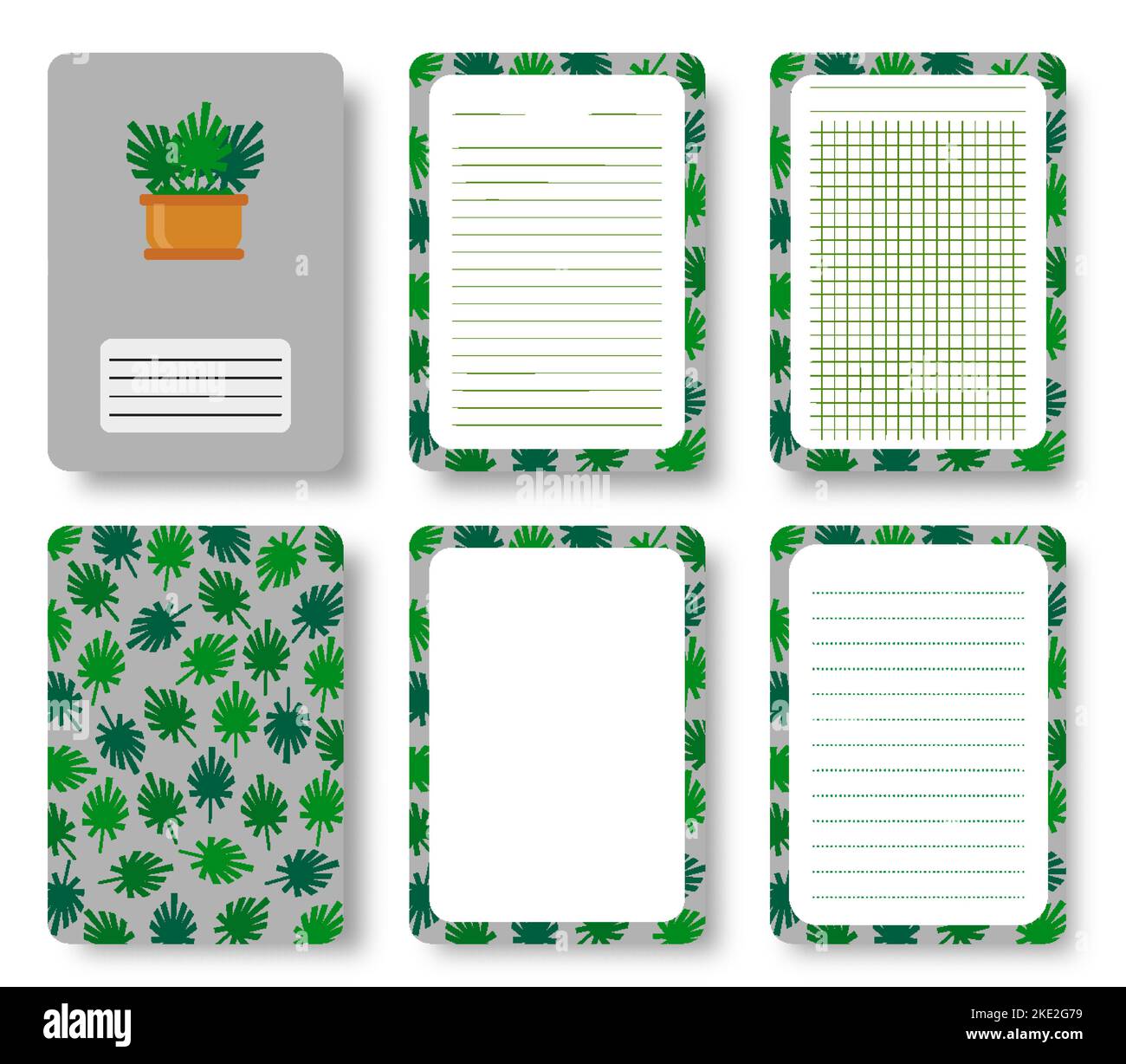 Flower notebook cover and lined pages set. Green houseplant leaves pattern with copy space gridded sheet template for annual notepad brochure copybook diary. Floral print for planner booklet journal Stock Vector