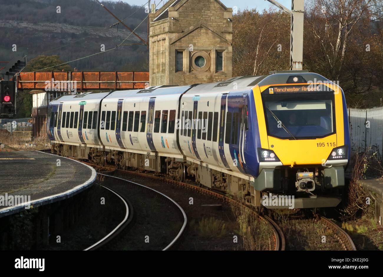 Northern trains civity class 195 diesel multiple unit arriving at Carnforth railway station on 9th November 2022 with an express passenger service. Stock Photo