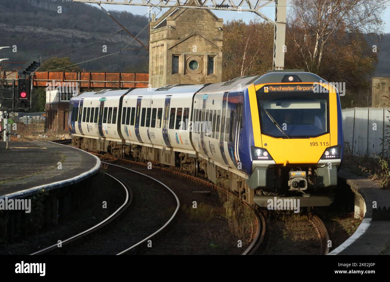 Northern trains civity class 195 diesel multiple unit arriving at Carnforth railway station on 9th November 2022 with an express passenger service. Stock Photo
