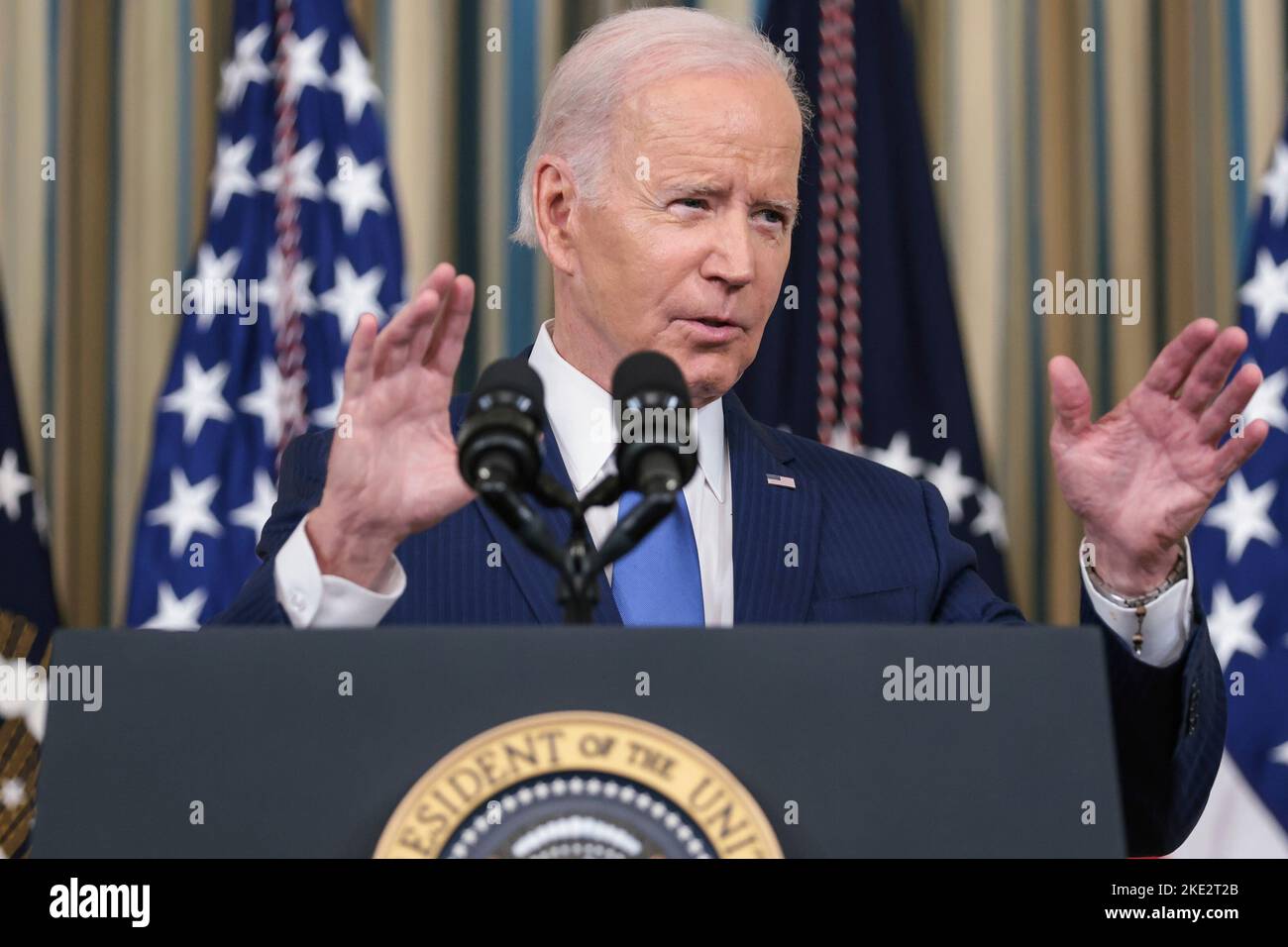 United States President Joe Biden delivers remarks and takes questions in the State Dining Room at The White House in Washington, DC, following the results of the midterm elections, on November 9, 2022. Credit: Oliver Contreras/Pool via CNP Stock Photo