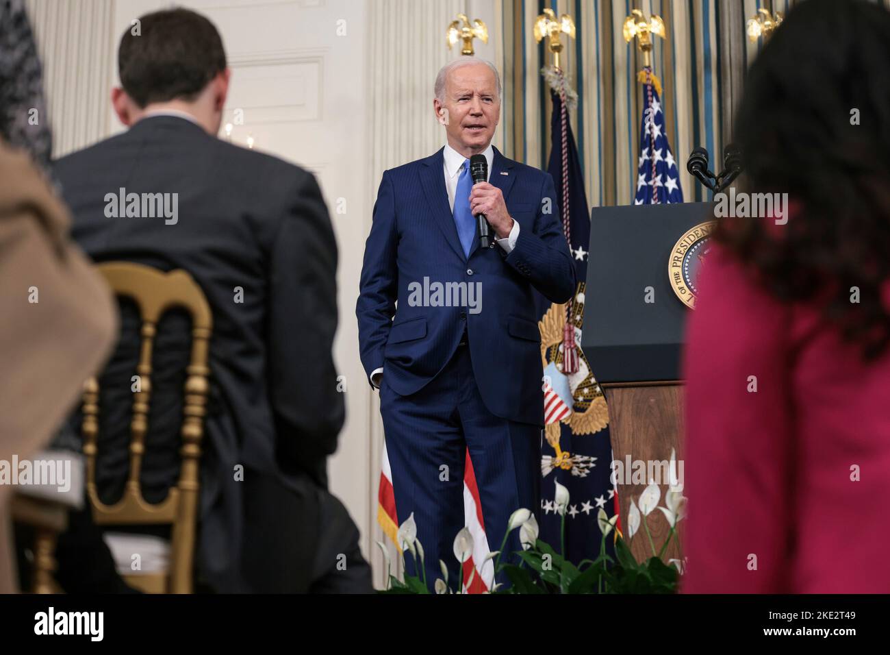 United States President Joe Biden delivers remarks and takes questions in the State Dining Room at The White House in Washington, DC, following the results of the midterm elections, on November 9, 2022. Credit: Oliver Contreras/Pool via CNP Stock Photo