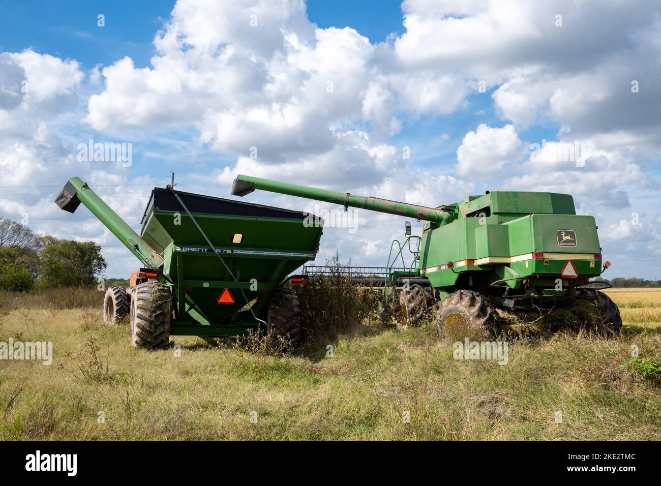 A farmer operating a John Deere combine harvesting rice in a rice field. Katy, Texas, USA. Stock Photo