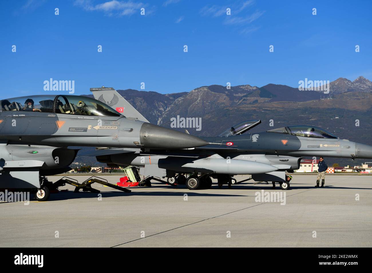 F-16 Fighting Falcons assigned to the Turkish Air Force prepare for take-off during Exercise Poggio Dart at Aviano Air Base, Italy, Nov. 8, 2022. The exercise optimized the integration between participants and strengthened interoperability between allied air forces during joint operations. (U.S. Air Force photo by Senior Airman Noah Sudolcan) Stock Photo