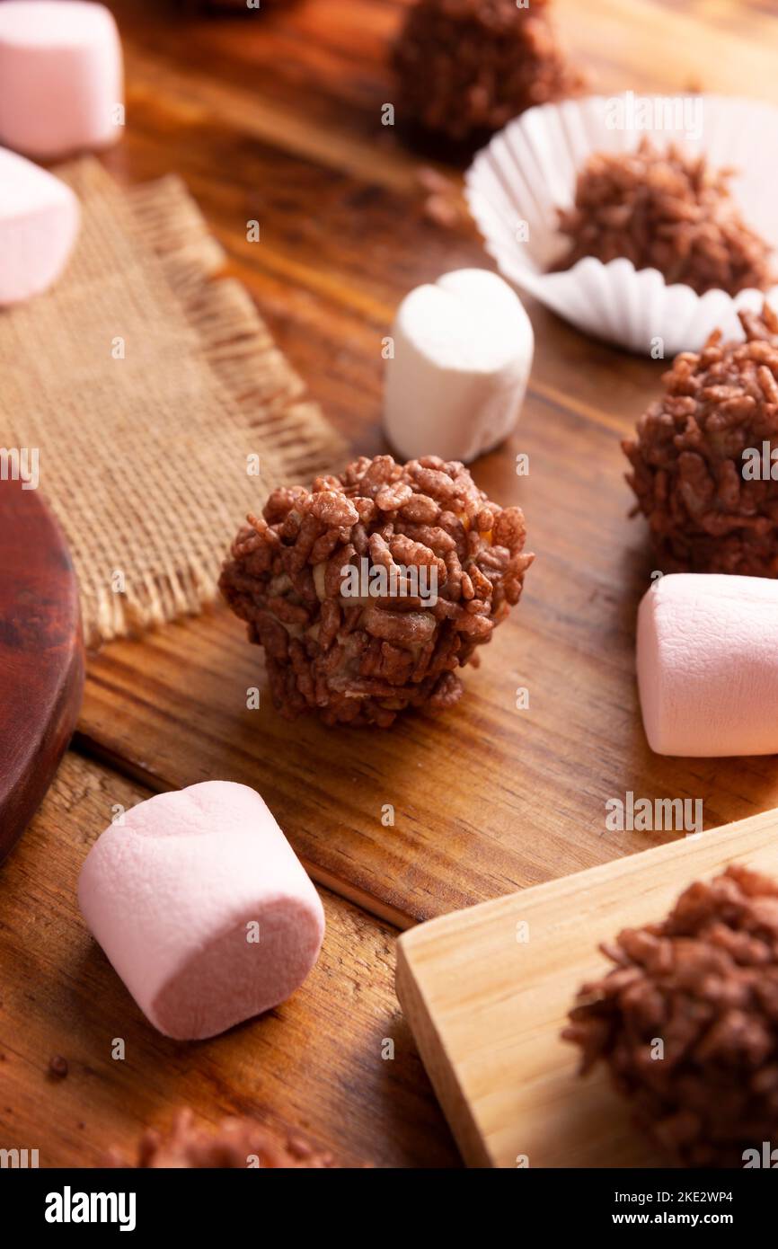 Homemade Caramel Marshmallows covered in chocolate flavor puffed rice, sweet treat easy to make