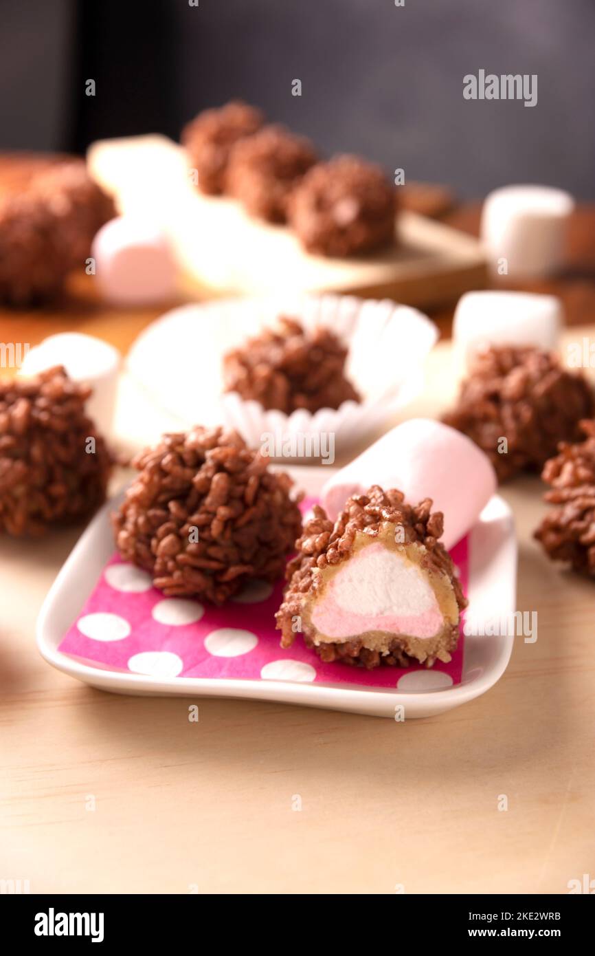 Homemade Caramel Marshmallows covered in puffed rice chocolate flavor, sweet treat easy to make